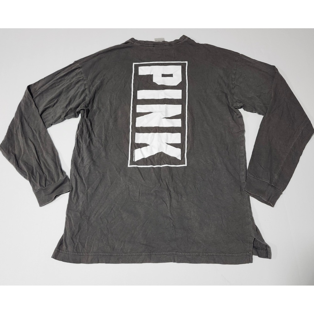 Victoria's Secret VS PINK Long Sleeve Pocket Tee Distressed Gray Logo Shirt XS
